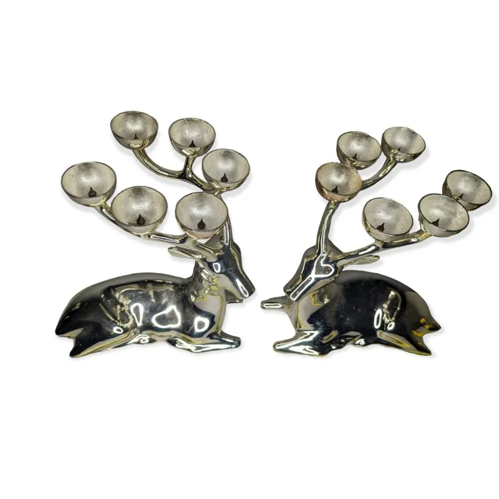 Crate & Barrel Christmas Silver Plated Seated Reindeer Candle Holder Pair